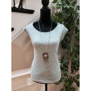 Loft Women's Teal White 100% Cotton Round Neck Sleeveless Top Blouse Size XSP